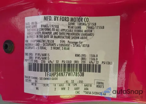 2007 Ford Focus S/Se/Ses z USA, uszkodzony, nr VIN 1FAHP34N77W178538